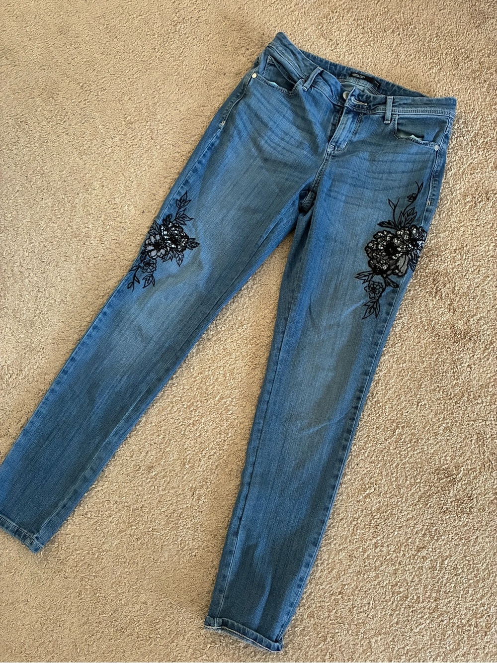 Simply Vera Vera Wang Medium Blue Skinny Jeans with Black Floral Appliqué